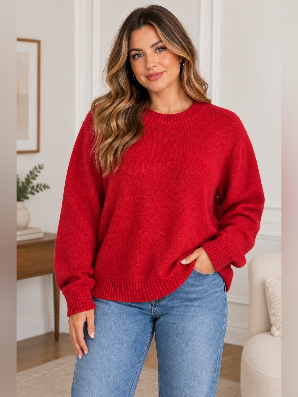 Classic Alpaca Red Crewneck Women's Sweater